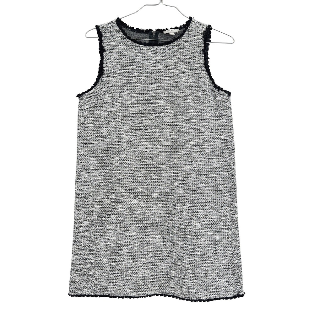 LOFT Tweed Boucle Shift Dress Black White Fringe Trim Sleeveless Petite Large LP